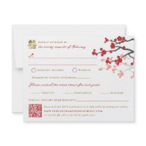 Red Sakuras & Gold Double Happiness RSVP Reply Car Custom Invitation