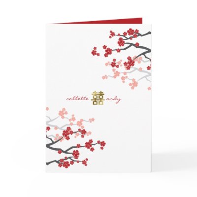 Red Sakuras White Gold Chinese Wedding Invitation Card