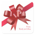 Red satin gift bow ribbon Christmas holiday label sticker