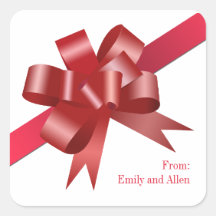 Red satin gift bow ribbon Christmas holiday label Sticker