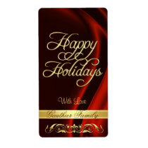 Red Satin Gold Scroll Happy Holidays Wine Label