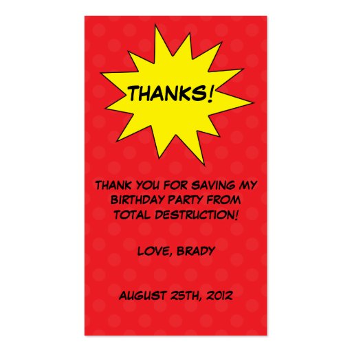 Red Save the Day Superhero Birthday Favor Tags Business Cards (front side)
