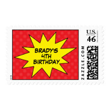 Red Save the Day Superhero Birthday Postage Stamps
