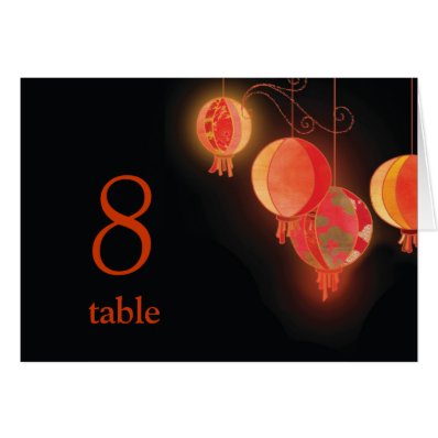 Red Shimmering Lanterns Wedding Table Number Card