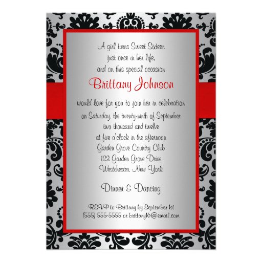 Red, Silver, and Black Damask Sweet 16 Invitation