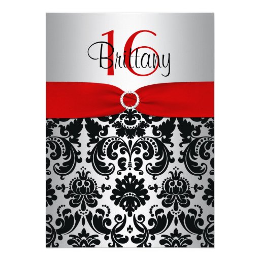 Red, Silver, and Black Damask Sweet 16 Invitation