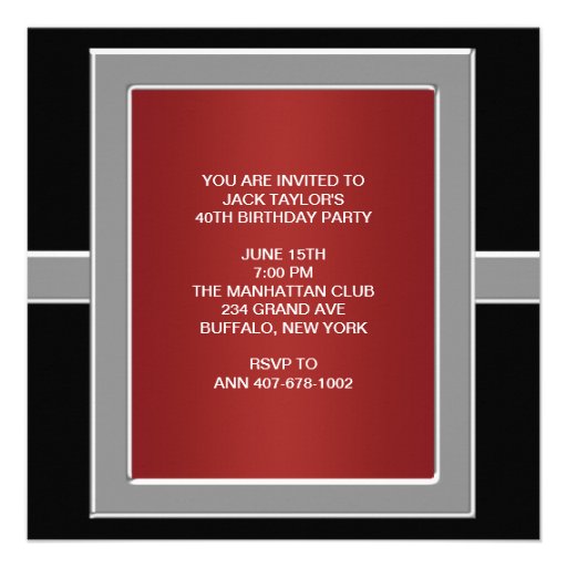 Red Silver Black Mans 40th Birthday Party Announcement