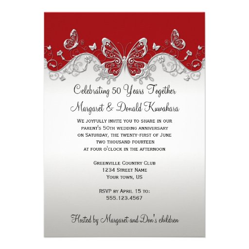 Red Silver Butterflies 25th Anniversary Custom Invite