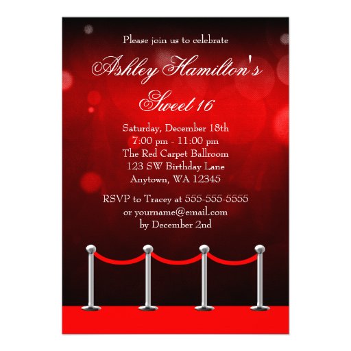 Red Silver Carpet Hollywood Sweet 16 Birthday Custom Announcements
