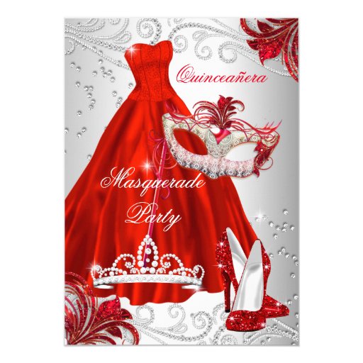 Red Silver Dress masquerade Quinceanera mask Card