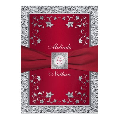 Red, Silver FAUX Foil Monogram Wedding Invitation