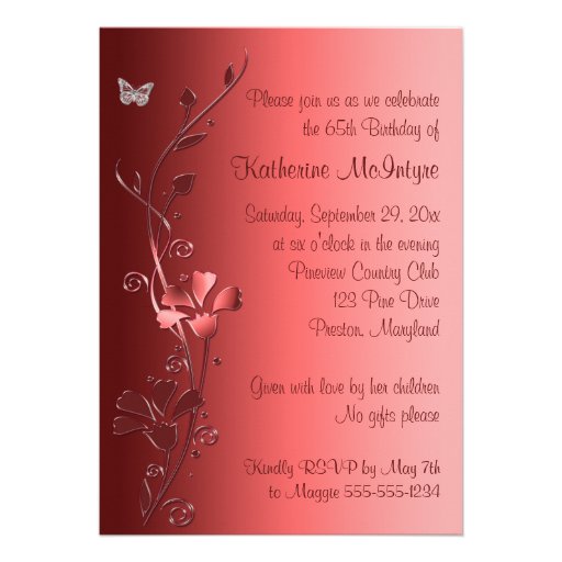 Red, Silver Flowers & Butterflies 65th Invitation
