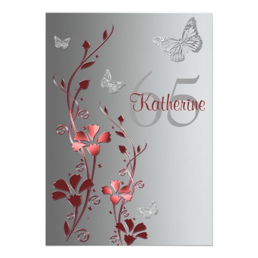 Red, Silver Flowers & Butterflies 65th Invitation (front side)