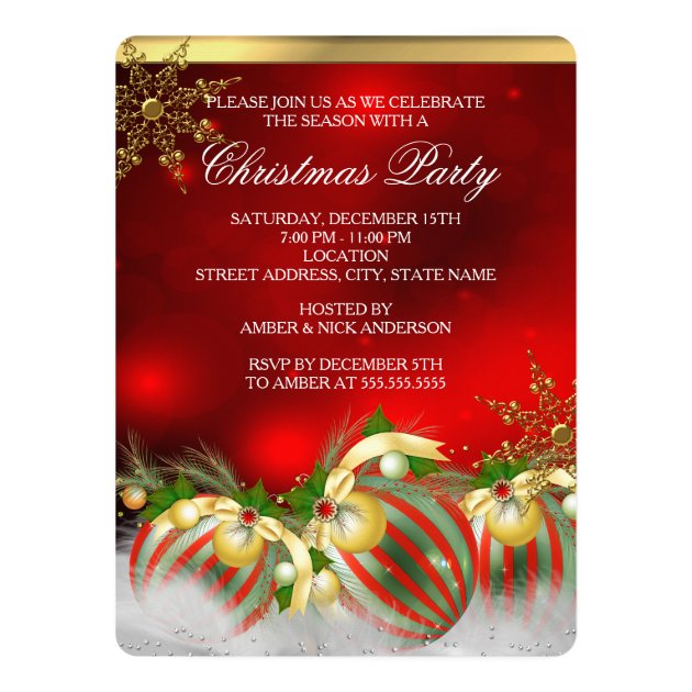 Red Silver Gold Holly Baubles Christmas Party 3 Card (front side)