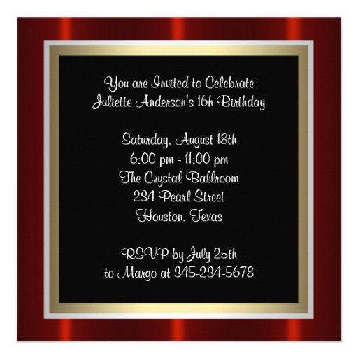 Red Silver Gold Sweet Sixteen Birthday Party Custom Invitations