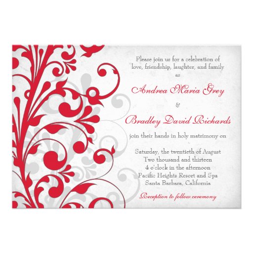Red Silver Grey Gray Floral Wedding Invitation