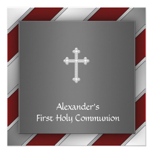 Red Silver Stripe Boy First Communion Invitation