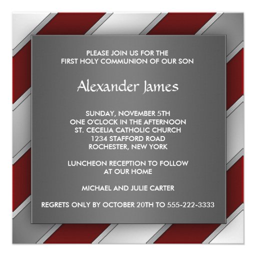 Red Silver Stripe Boy First Communion Invitation