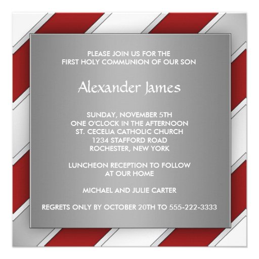 Red Silver Stripe Boy First Communion Invitation