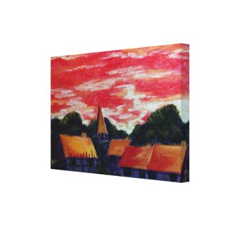 red sky blue village stretched canvas print