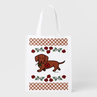 Red Smooth Dachshund and Rose Grocery Bags