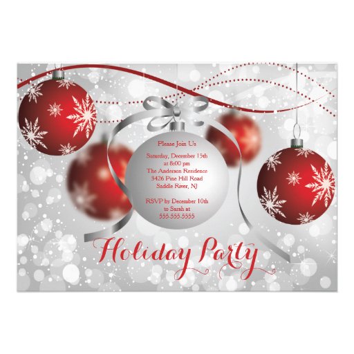 Red Snowflakes Bokeh Holiday Party Invitation (front side)