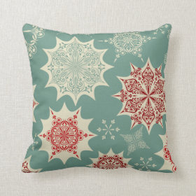 Red snowflakes on a green background pillow