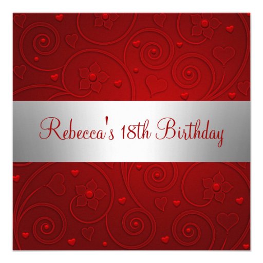 Red Spiral Hearts Silver 18th Birthday Party Announcements