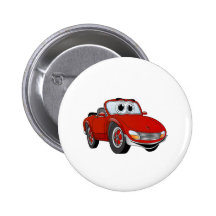 Red Sports Car Convertible Cartoon Pinback Buttons
