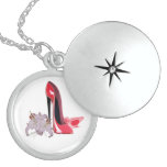 Red Stiletto Shoes and Lilies Silver Necklace
