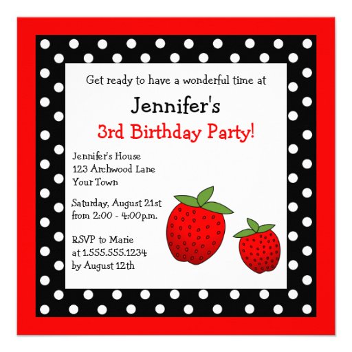 Red Strawberry Birthday Black & White Polka Dots Custom Invite