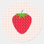 Red Strawberry on Gingham Check. Round Stickers