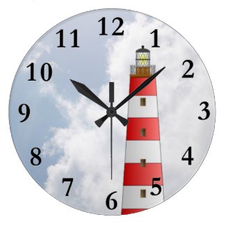 Red Striped Lighthouse in the Clouds Beach Theme Round Wallclock