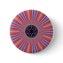 Red Striped Sunburst Fractal Pinback Button