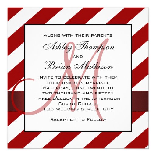 Red Stripes, Ribbon, Monogram Wedding Invitation