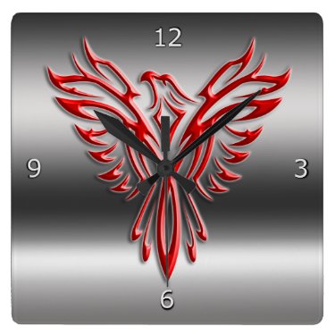Red stylized Phoenix Rising on metallic-look Wall Clocks
