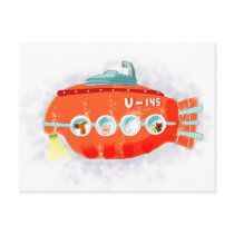 Red submarine with cute animals onboard postcards