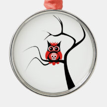 Red Sugar Skull Owl in Tree Ornament