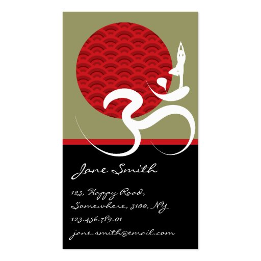 Red Sun Yoga Spiritual Indian Meditate Om Ohm Logo Business Card Templates (front side)