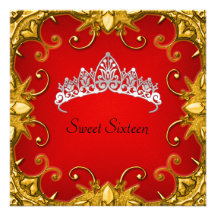 Red Sweet 16 Birthday Party Gold White Tiara Custom Invite