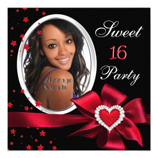 Red Sweet 16 Birthday Party Heart Photo Silver Announcements