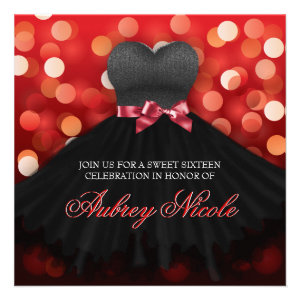 Red Sweet Sixteen Black Dress Birthday Invite