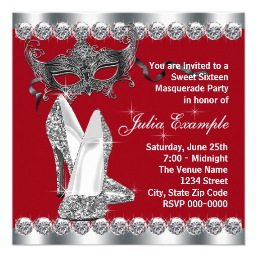 Red Sweet Sixteen Masquerade Party Invitations