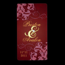 Red Swirl Gold Jeweled Wedding Wine Label labels