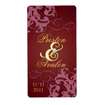 Red Swirl Gold Jeweled Wedding Wine Label