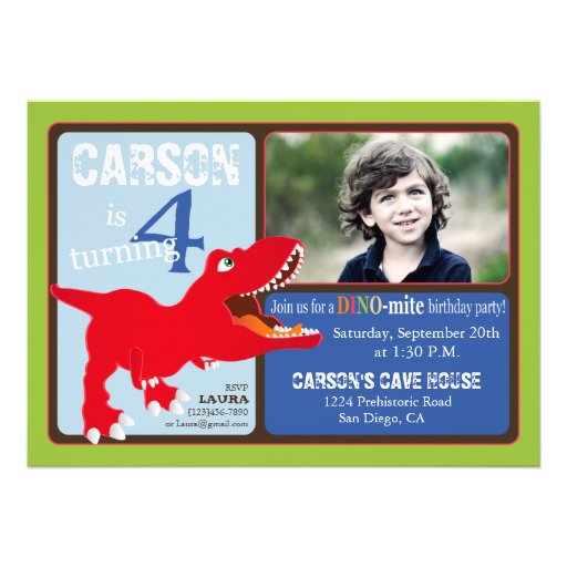 Red T-Rex Dinosaur Fourth Birthday Invitation Card