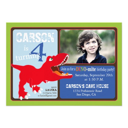 Red T-Rex Dinosaur Fourth Birthday Invitation Card