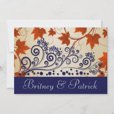 Red Taupe Blue Fall Leaves Wedding Invitations by natureprints