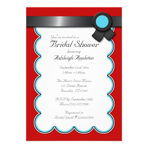 Red & Teal, Black Ribbon Bridal Shower Invitations