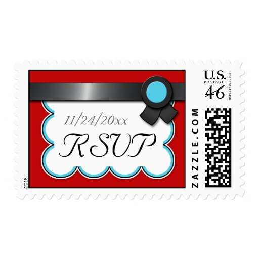 Red & Teal, Black Ribbon RSVP Postage Stamps